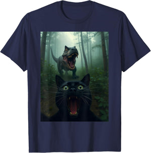 Funny Cat Selfie with T-Rex Dinosaur Gifts Women Kid T-Shirt - T-Shirt | Navy