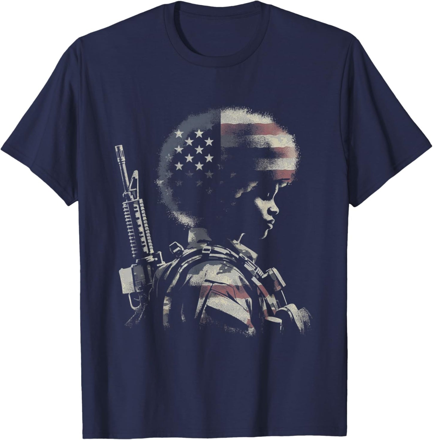 Female Soldier American Flag - Patriotic USA Afro Veteran T-Shirt - T-Shirt | Navy