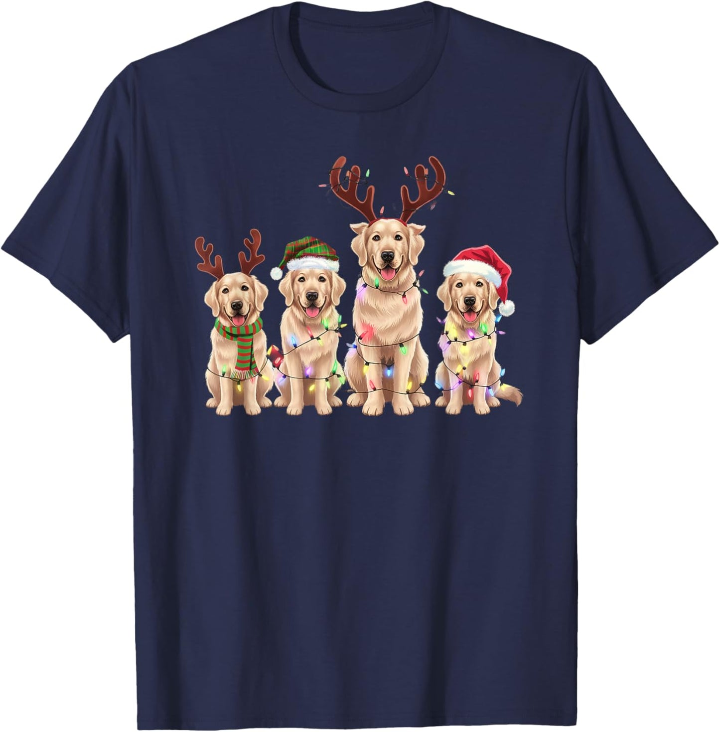 Threadrock -Adults Golden Retrievers Christmas Lights Reindeer Antlers Holiday - Black, Small, Short Sleeve T-Shirt - T-Shirt | Navy