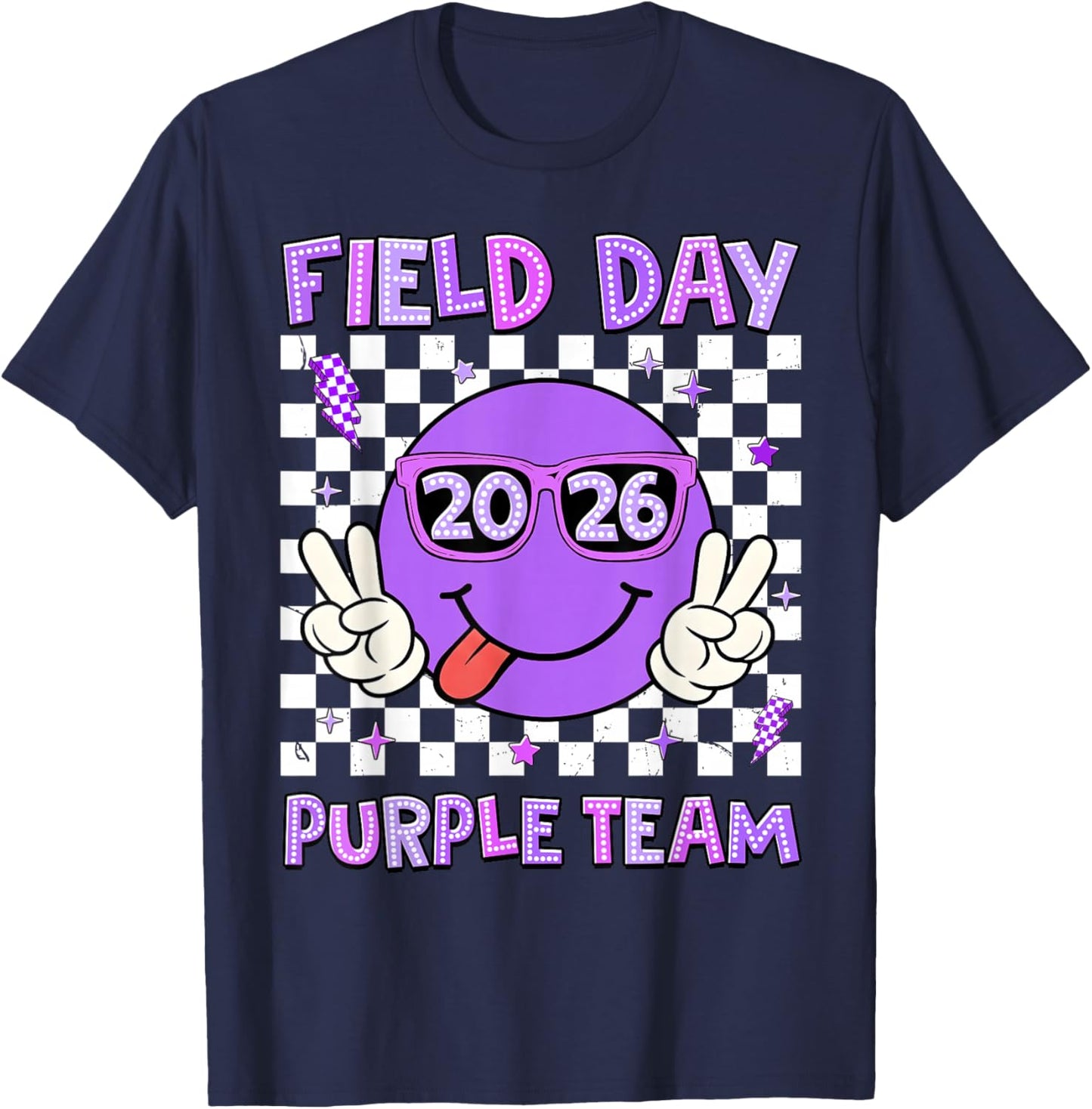 Field Day 2026 Purple Team Smile Face Sunglasses Teacher Kid T-Shirt - T-Shirt | Navy