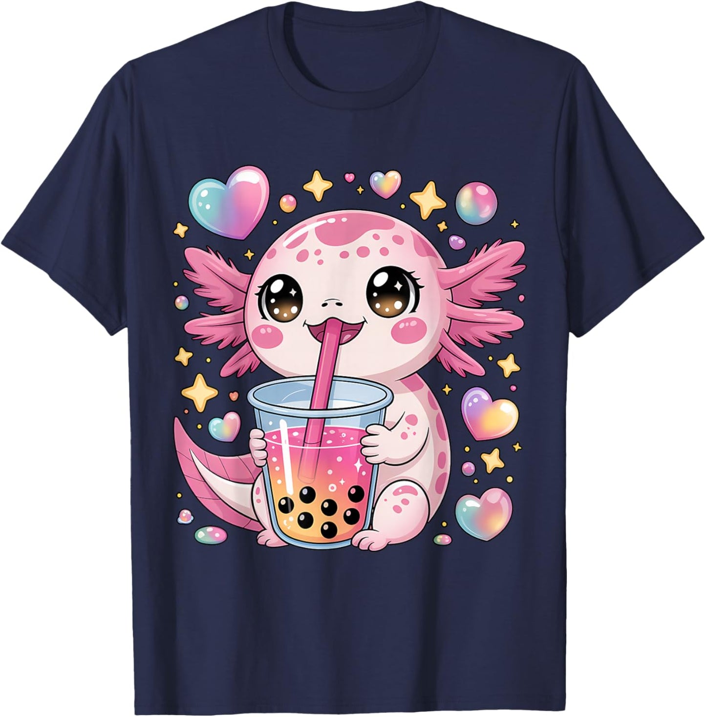 Kawaii Axolotl Bubble Tea for Kids and Teens Anime Cute Boba T-Shirt - T-Shirt | Navy