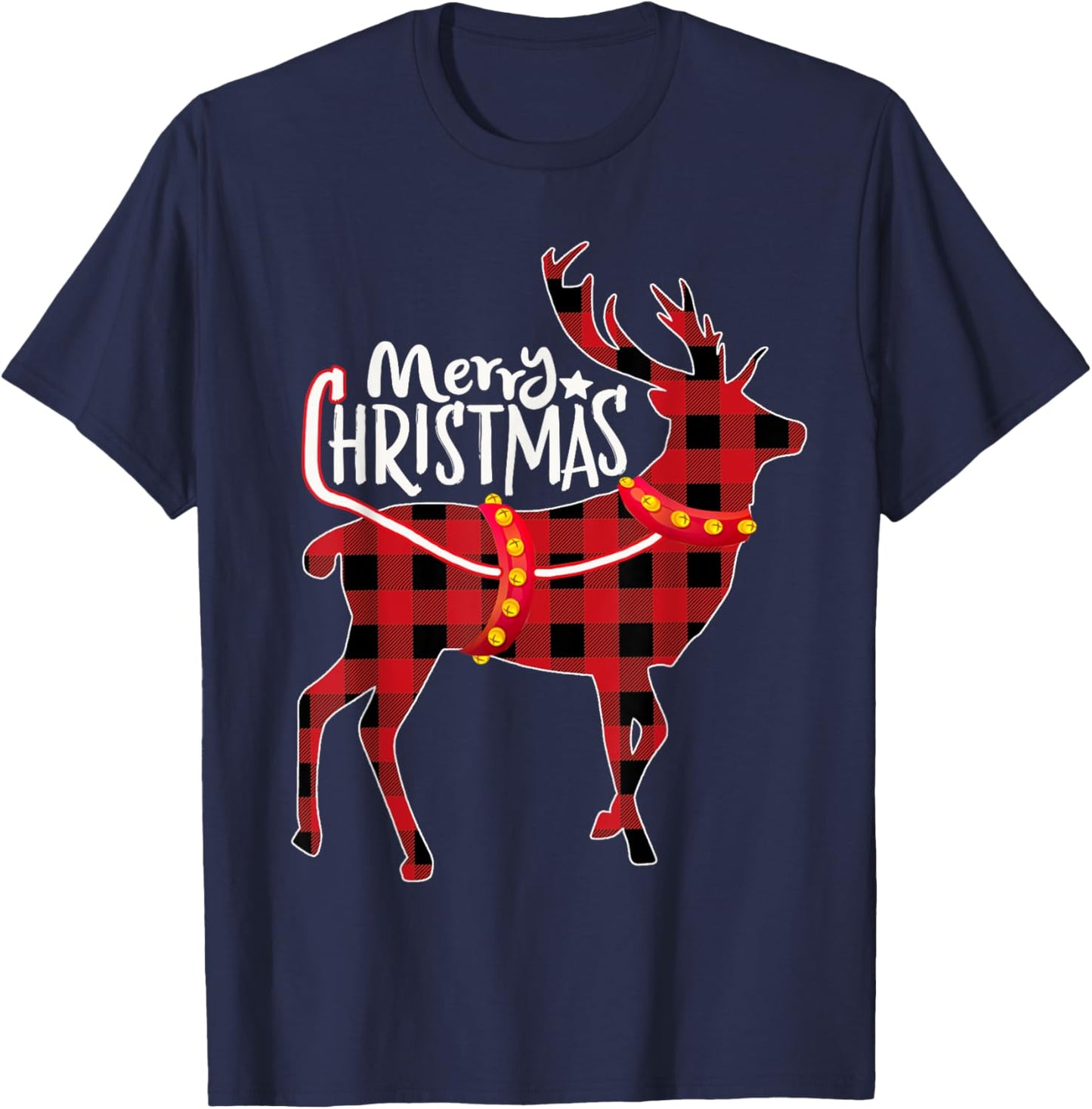Pajamas Red& Black Plaid Flannel Christmas Reindeer Lovers T-Shirt - T-Shirt | Navy