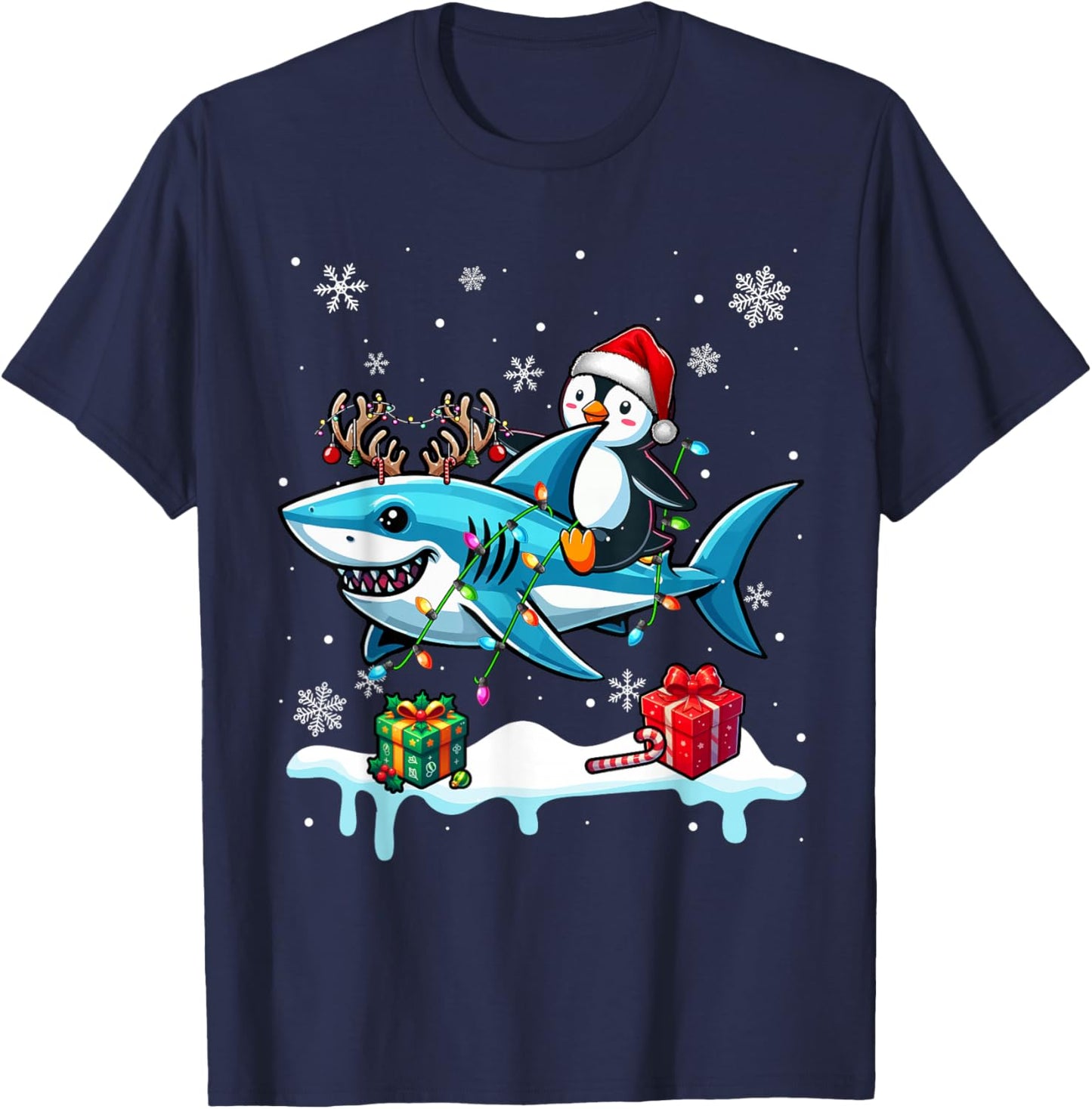 Christmas Santa Penguin Riding Reindeer Shark Lover Kids T-Shirt - T-Shirt | Navy