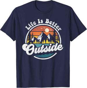 Life is Better Outside Retro Hiking Camping Outdoor Nature T-Shirt - T-Shirt | Navy