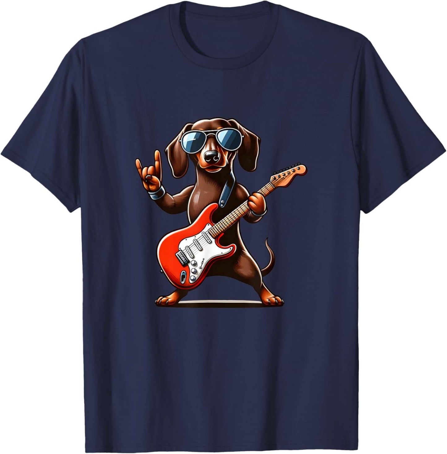 Funny Dachshund Dog Playing Guitar Dachshund Lover Guitarist T-Shirt - T-Shirt | Navy