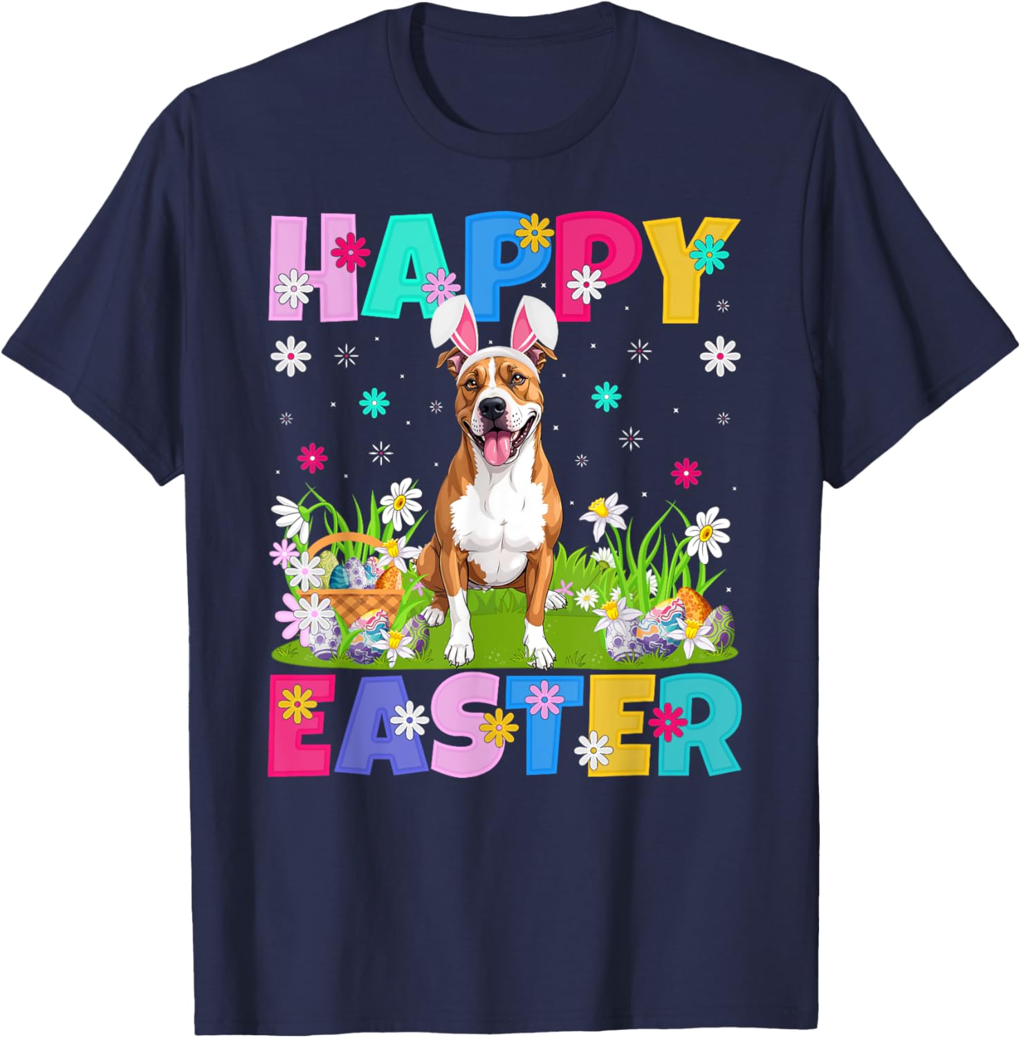 American Staffordshire Terrier Dog Easter Egg Hunt Bunny Ear T-Shirt - T-Shirt | Navy