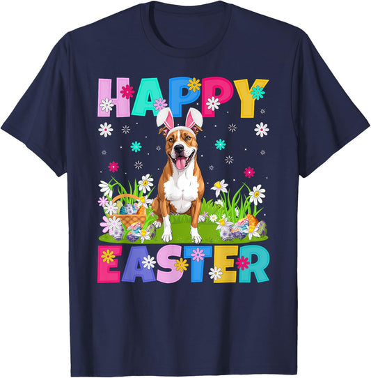 American Staffordshire Terrier Dog Easter Egg Hunt Bunny Ear T-Shirt - T-Shirt | Navy