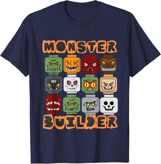 Halloween Building Bricks Monster Builder Brick Head Funny T-Shirt - T-Shirt | Navy
