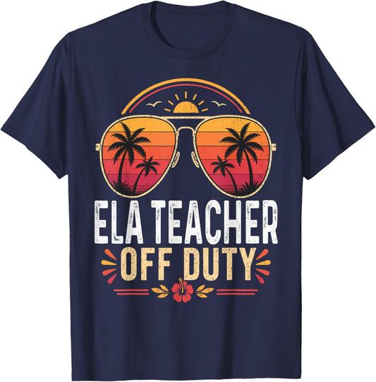ELA Teacher Off Duty Last Day of School Retro Sunset T-Shirt - T-Shirt | Navy