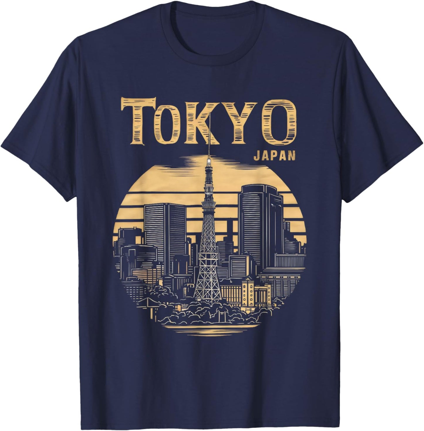 Tokyo Skyline Tower Woodblock Japanese Style Art Japan T-Shirt - T-Shirt | Navy