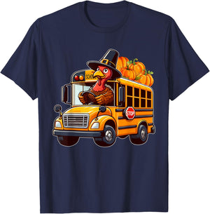 Turkey Driving School Bus Thanksgiving Driver Fall Pumpkins T-Shirt - T-Shirt | Navy