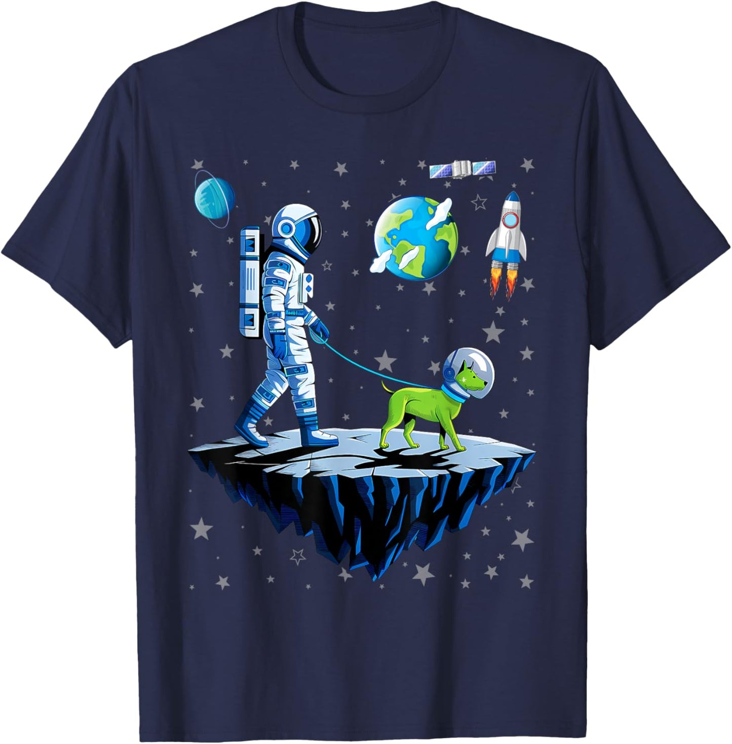 Space Astronaut Walking Alien Dog Planet T-Shirt - T-Shirt | Navy