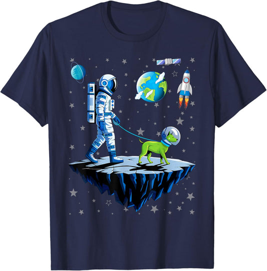 Space Astronaut Walking Alien Dog Planet T-Shirt - T-Shirt | Navy