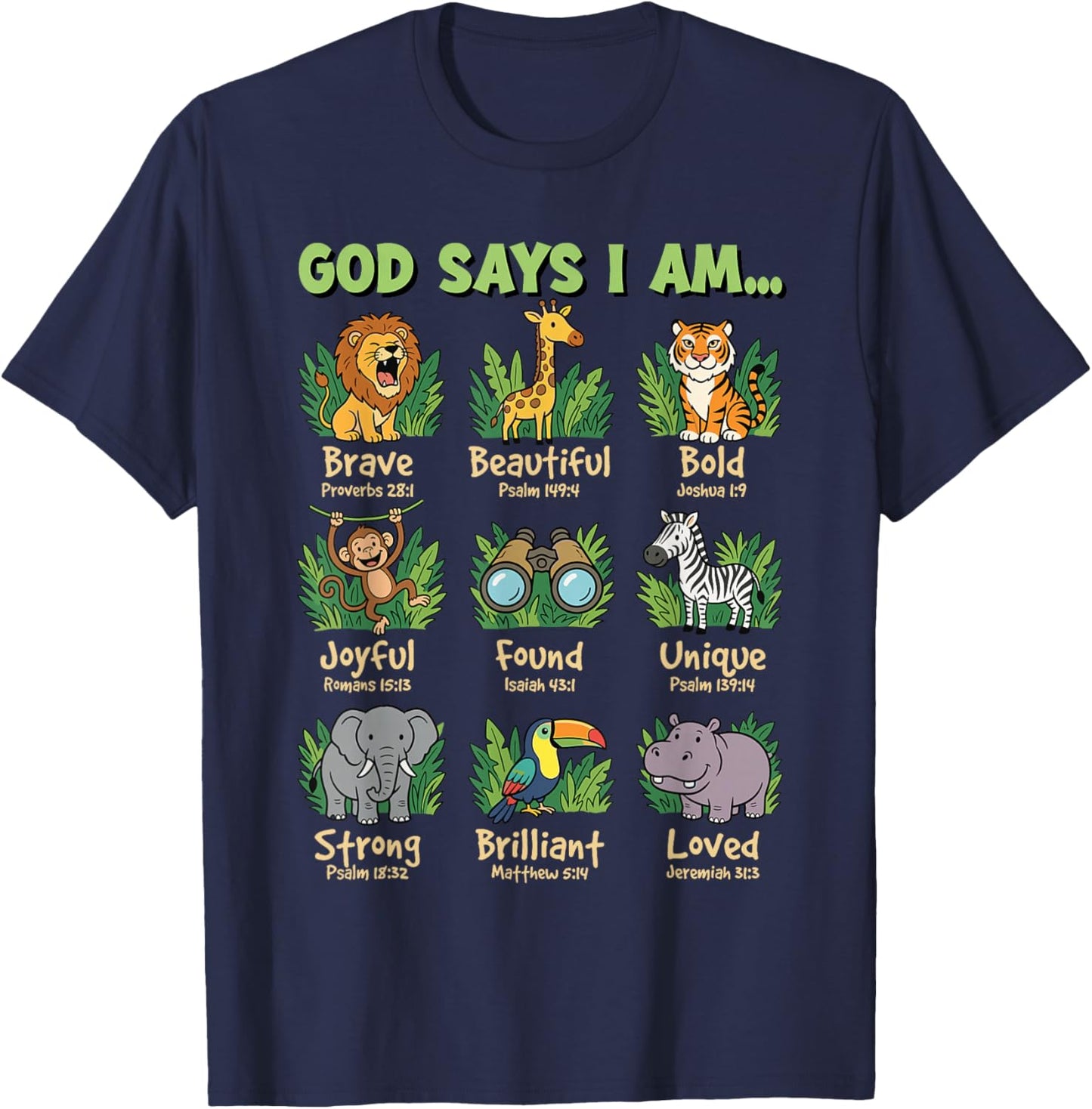 God Says I Am Bible Verses Jungle Animals Christian Kids T-Shirt - T-Shirt | Navy
