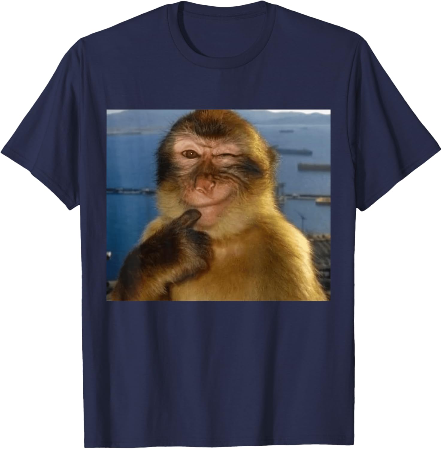 Thinking Monkey Meme Smiling | Funny Brainrot Silly T-Shirt - T-Shirt | Navy