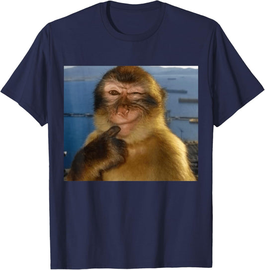 Thinking Monkey Meme Smiling | Funny Brainrot Silly T-Shirt - T-Shirt | Navy