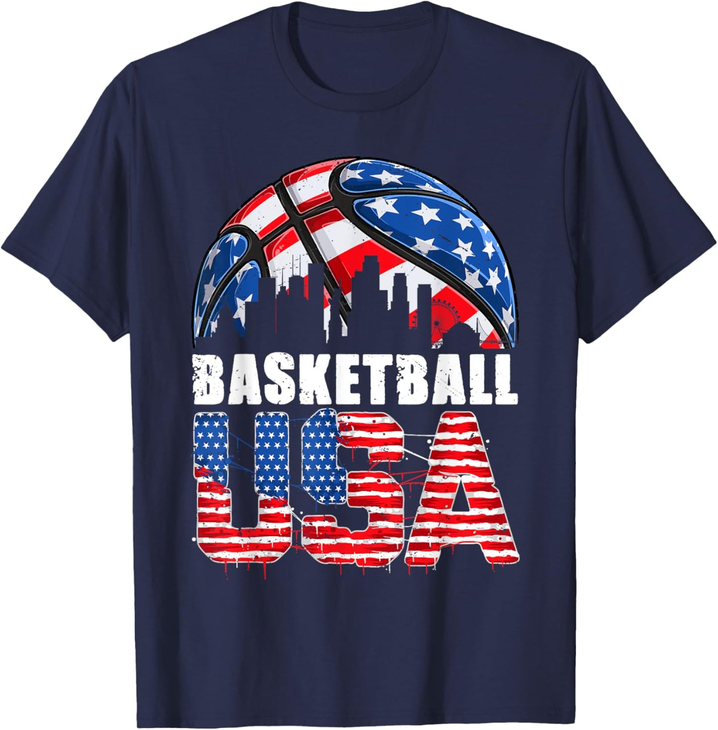 Funny Basketball Lovers Fans USA American Flag 4th Of July Women Kids Men T-Shirt - T-Shirt | Navy