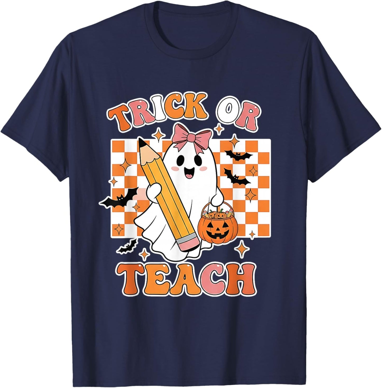 Vintage Teacher Shirt Women Funny Trick Or Teach Halloween T-Shirt - T-Shirt | Navy
