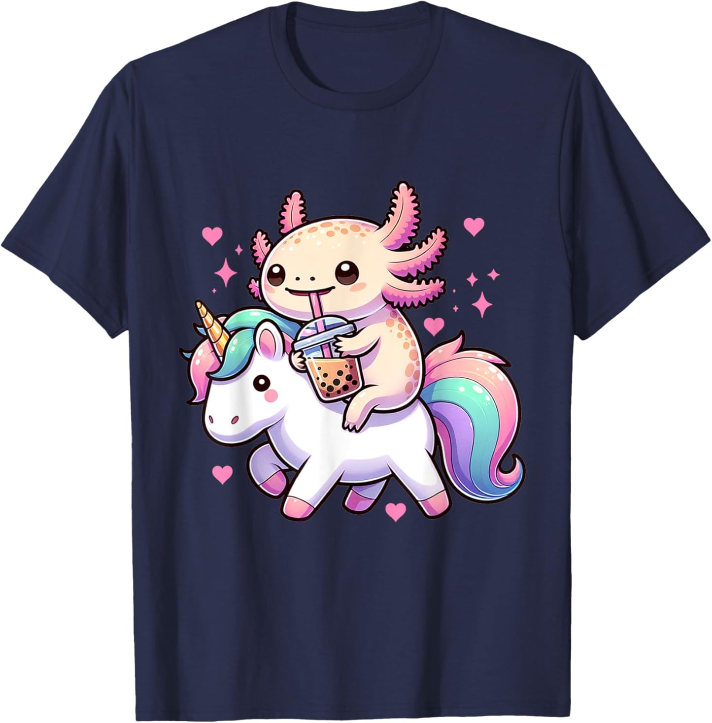 Cute Anime Kawaii Axolotl Riding A Unicorn And Drinking Boba T-Shirt - T-Shirt | Navy