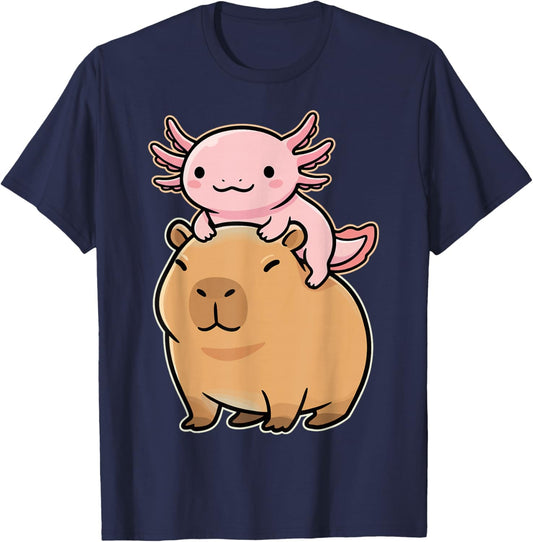 Capybara Axolotl Kawaii Animal T-Shirt - T-Shirt | Navy