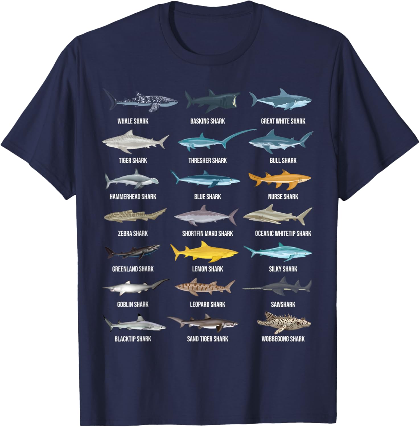 Types of Sharks Shark Species Identification Ocean Lovers T-Shirt - T-Shirt | Navy