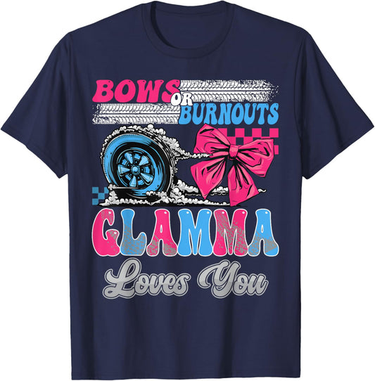 Burnouts or Bows Glamma Loves You Gender Reveal Party T-Shirt - T-Shirt | Navy