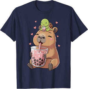 Capybara & Bubble Tea Girls' Turtle T-Shirt - T-Shirt | Navy