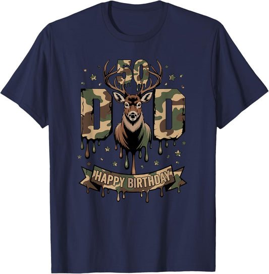 50th DAD Happy Birthday CAMO Deer Hunting Gift T-Shirt - T-Shirt | Navy