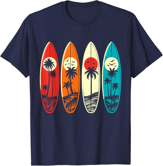 Tropical Hawaii Palm Surfing Beach Surfboard Retro Surf T-Shirt - T-Shirt | Navy