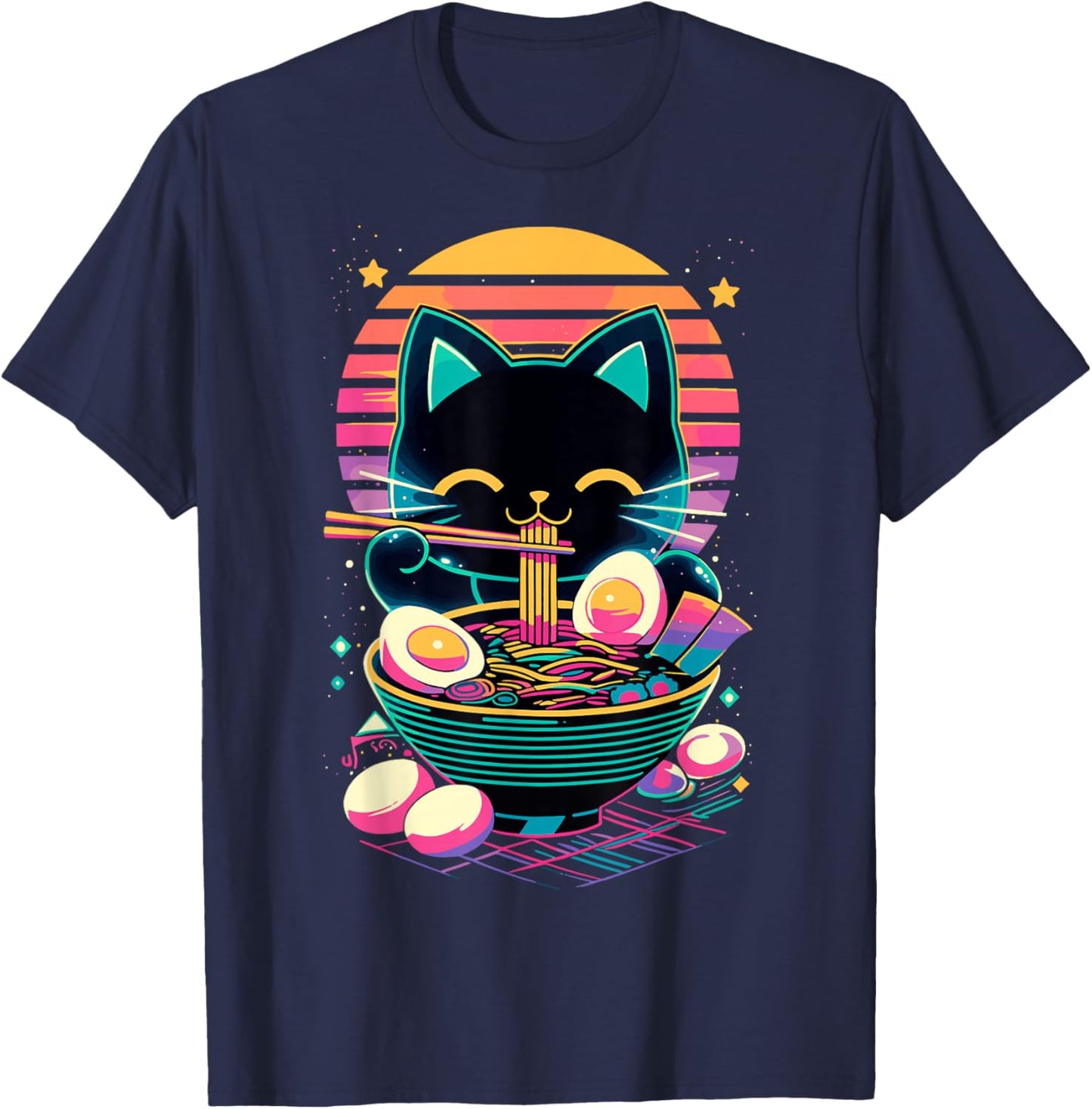 Anime Cat Eating Ramen Japanese Ramen Cat Japan T-Shirt - T-Shirt | Navy