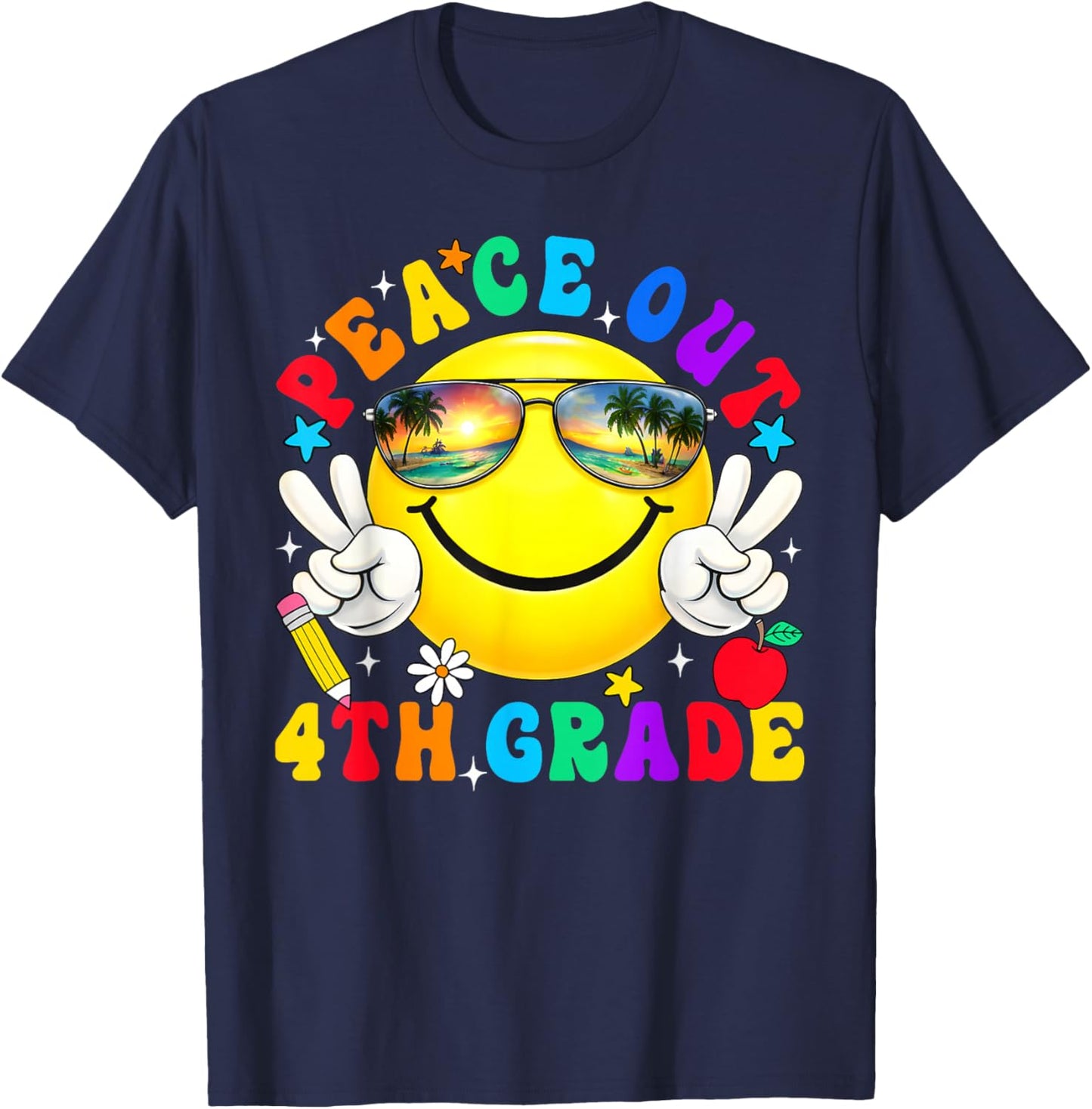 Peace Out Fourth Grade Last Day of School Groovy Smile Face T-Shirt - T-Shirt | Navy