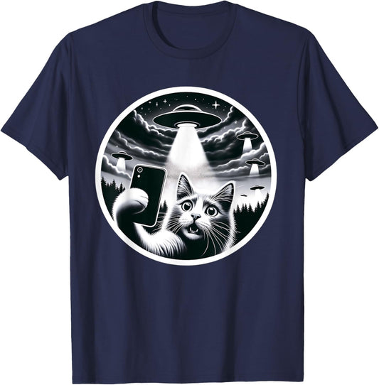 Whisker-ed Away: Cat's Hilarious UFO Abduction Selfie T-Shirt - T-Shirt | Navy