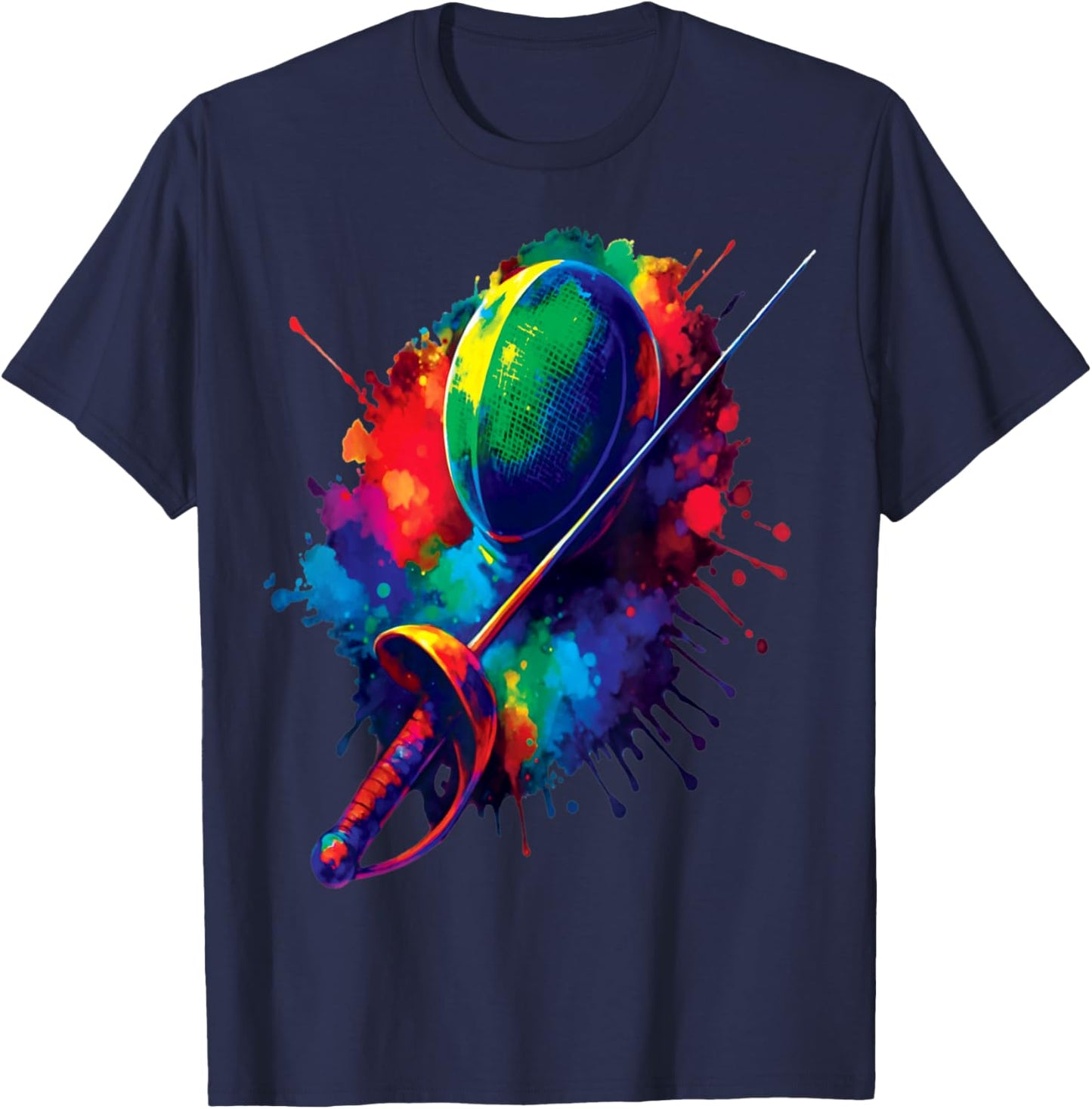 Fencing Splash Art - Fencing Sport Colorful Mask and Sword T-Shirt - T-Shirt | Navy