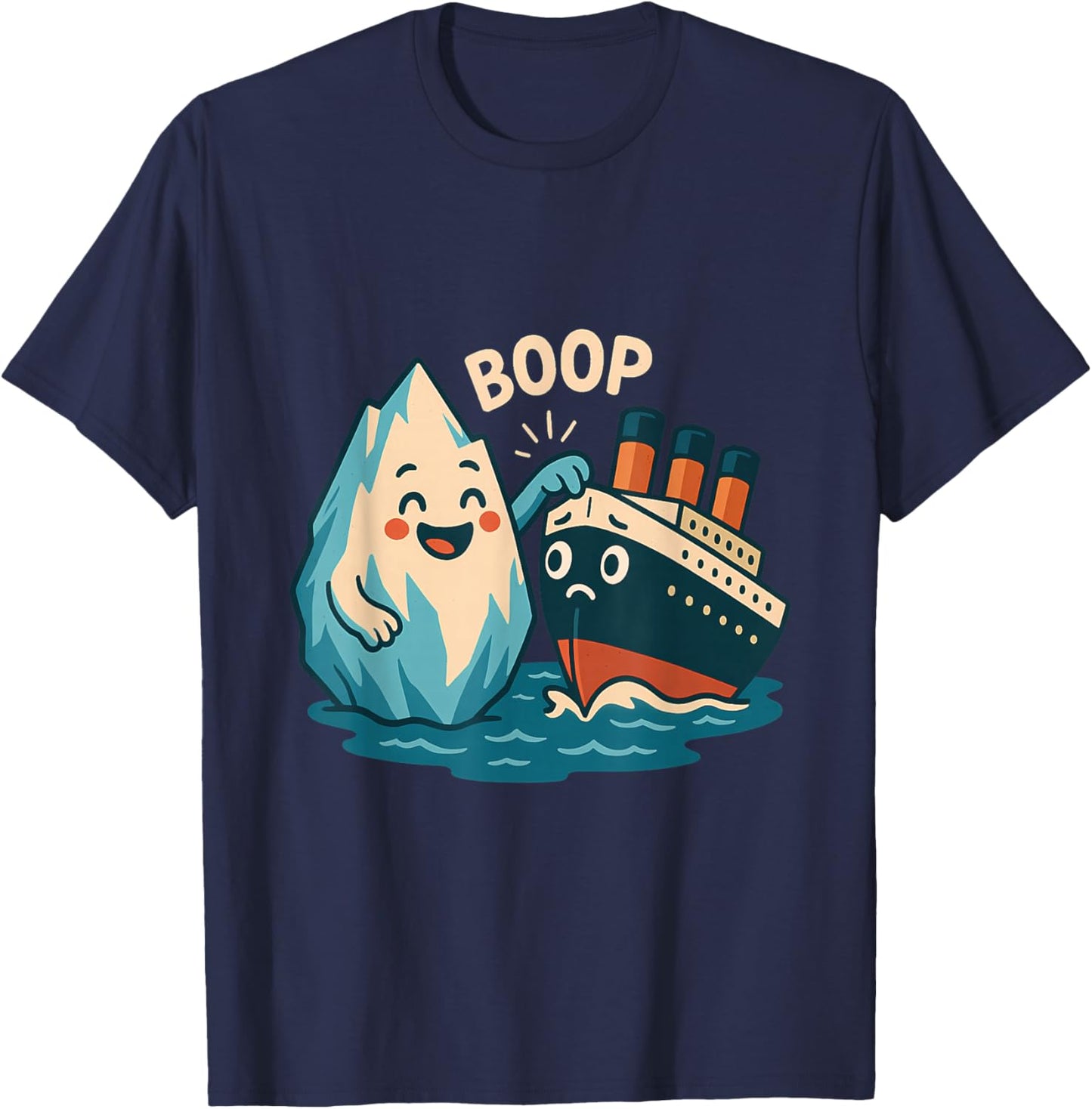 Iceberg Booping Titanic Cute Nautical Cartoon T-Shirt - T-Shirt | Navy