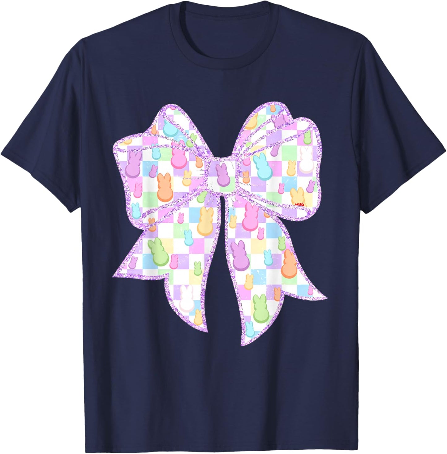 Funny Bunny Coquette Bow Rabbit Eggs Happy Easter Checkered T-Shirt - T-Shirt | Navy