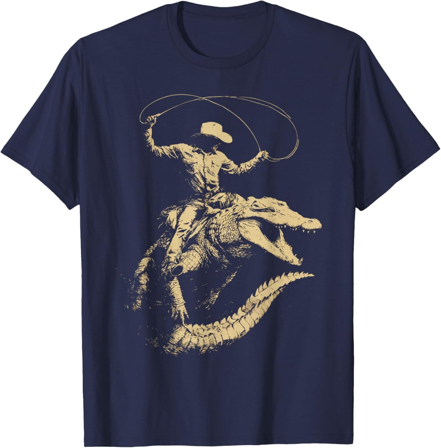 Cowboy with Lasso Riding Crocodile Western Animal Rodeo T-Shirt - T-Shirt | Navy