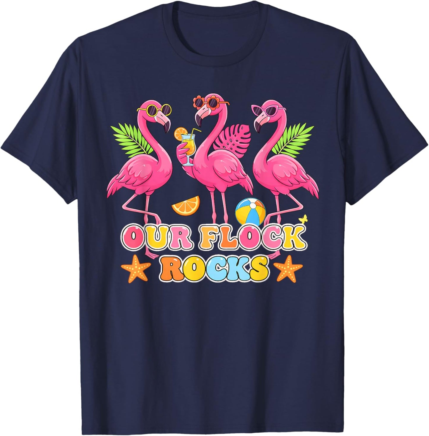 Pink Flamingo Our Flock Rocks Funny Family Vacation Group T-Shirt - T-Shirt | Navy