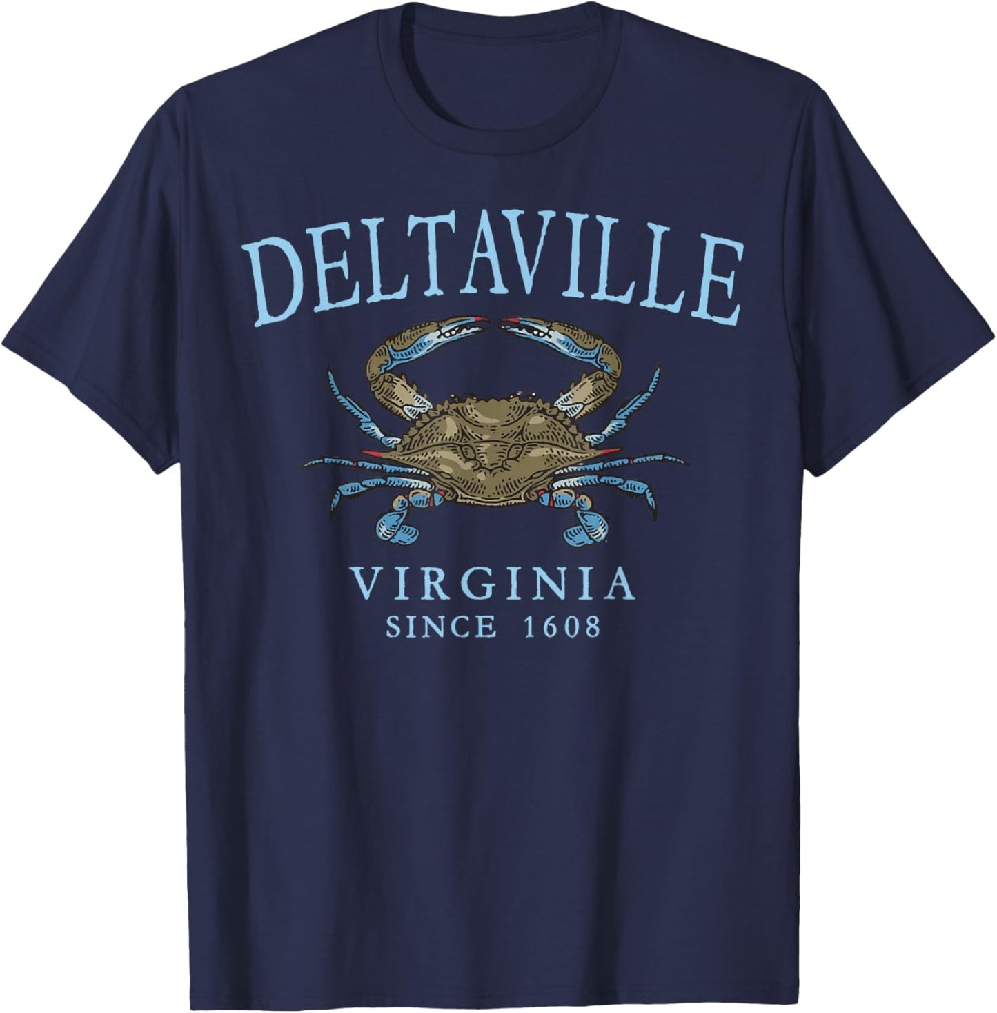 Deltaville Virginia Crab Since 1608 Pale Blue Letters T-Shirt - T-Shirt | Navy