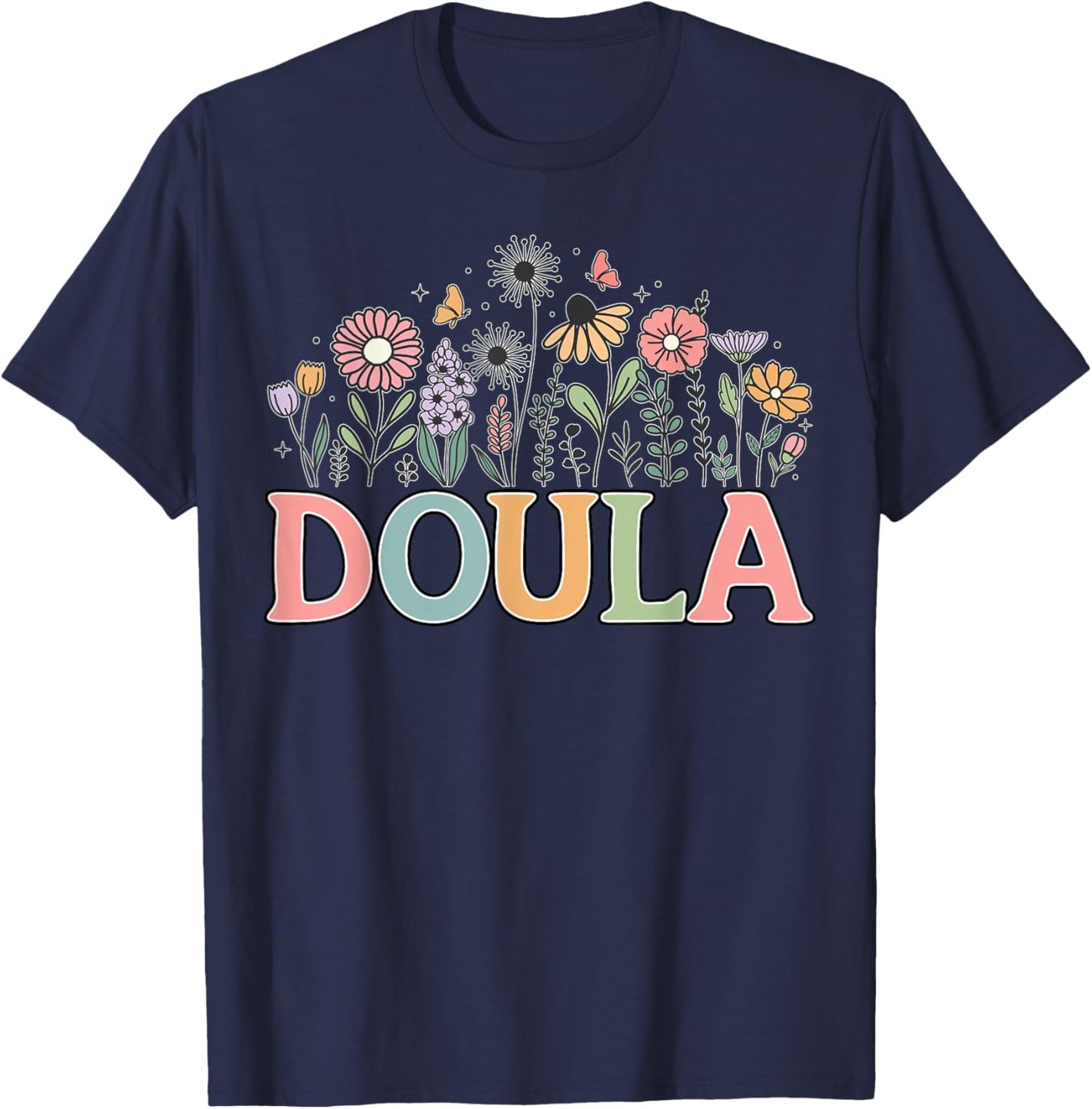 Doula Retro Wildflower Midwife Baby Catcher Home Birth Doula T-Shirt - T-Shirt | Navy