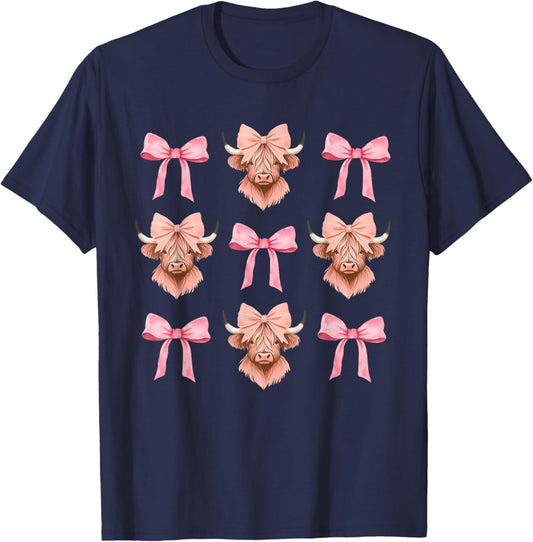 Pink Bow Cute Coquette Highland Cow Cowgirl Aesthetic T-Shirt - T-Shirt | Navy
