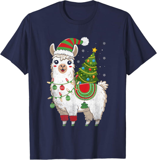 Llama Christmas Tree Cute X-mas Lights Festive Holiday T-Shirt - T-Shirt | Navy