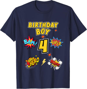 Kinder Vierter Geburtstag, 4 Jahre Alter Junge, Superheld, 4. Geburtstag T-Shirt - T-Shirt | Navy
