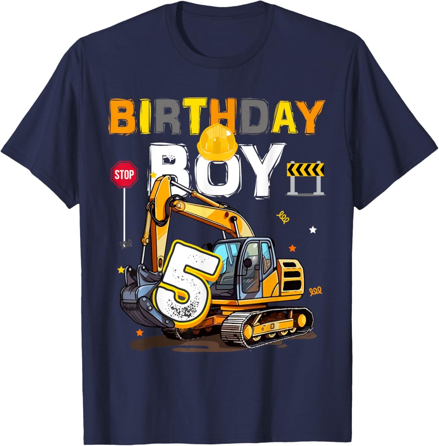 5th Birthday Boy 5 Years Old Excavator Five Decorations T-Shirt - T-Shirt | Navy