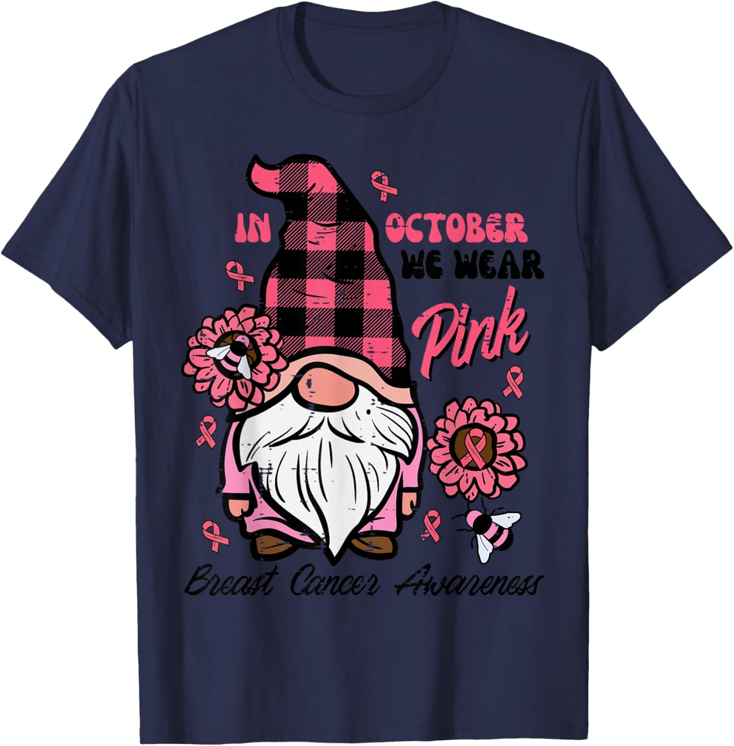 Breast Cancer Aware Gnome October We Wear Pink Women Kid Men T-Shirt - T-Shirt | Navy