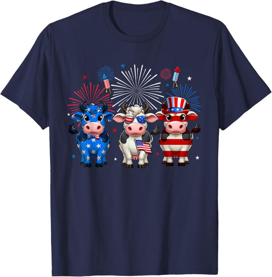 Three Red Blue White Cute Cows 4th Of July Farmer Rancher Kids Men T-Shirt - T-Shirt | Navy