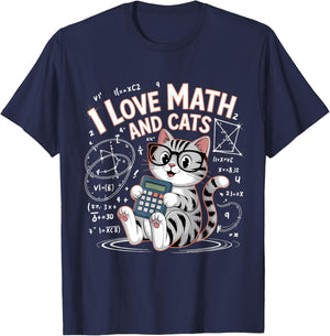I Love Math and Cats Mathematics Funny Math Cat T-Shirt - T-Shirt | Navy