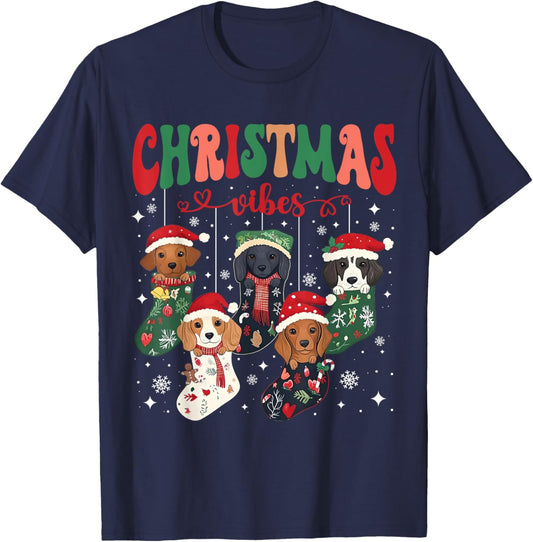 Cute Santa Hat Dachshund in Socks Christmas Vibes Weiner Dog T-Shirt - T-Shirt | Navy
