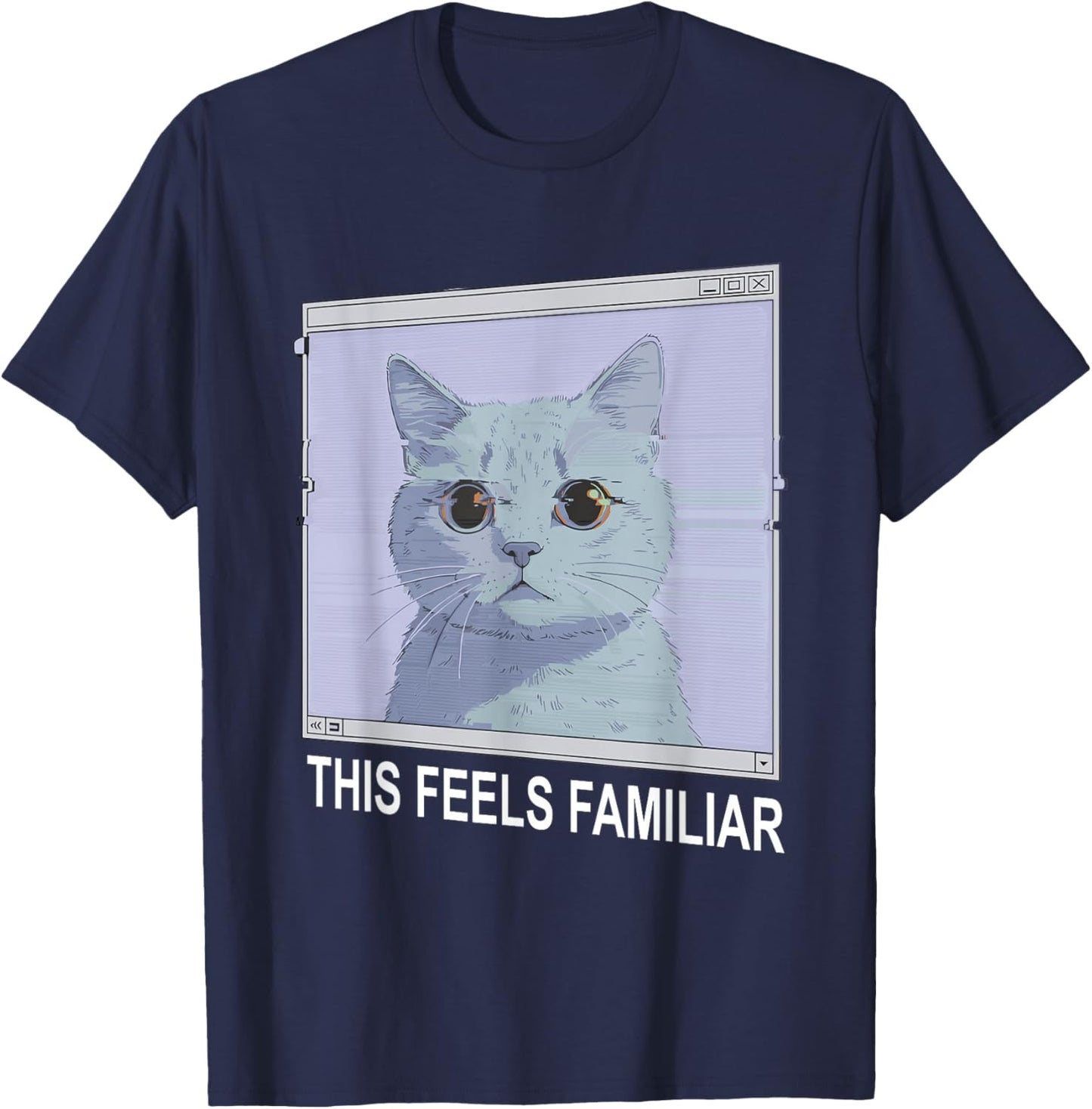 Weirdcore Aesthetic Cat Dreamcore Glitch 90s Window Art T-Shirt - T-Shirt | Navy