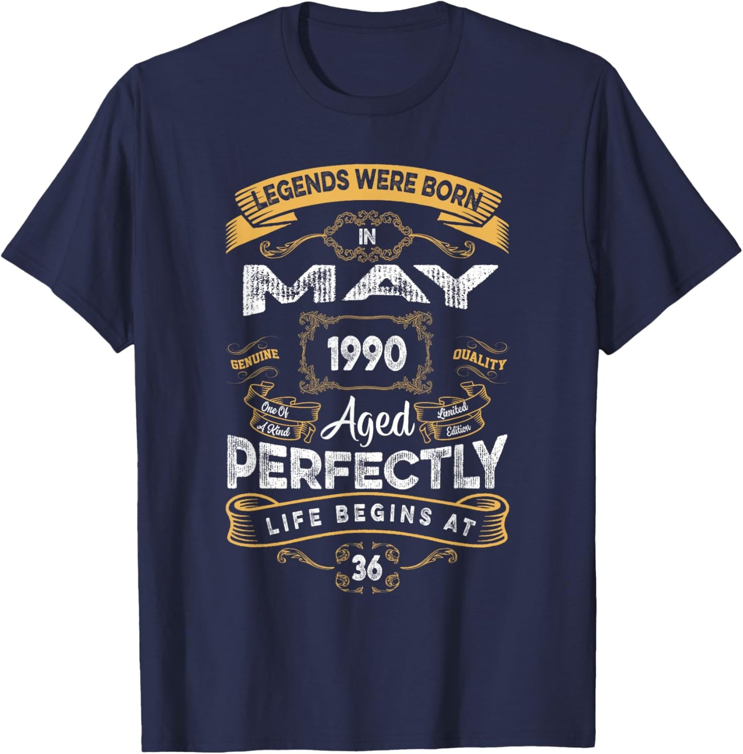 Vintage 36th Birthday Legends were Born in May 1990 T-Shirt - T-Shirt | Navy