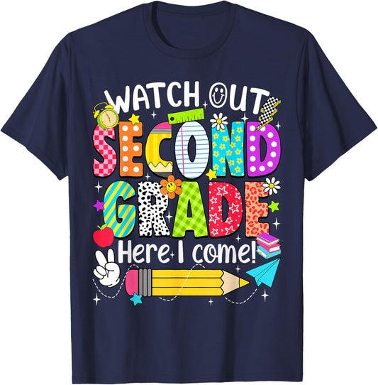 Watch Out Second Grade Here I Come Back to School Boys Girls T-Shirt - T-Shirt | Navy